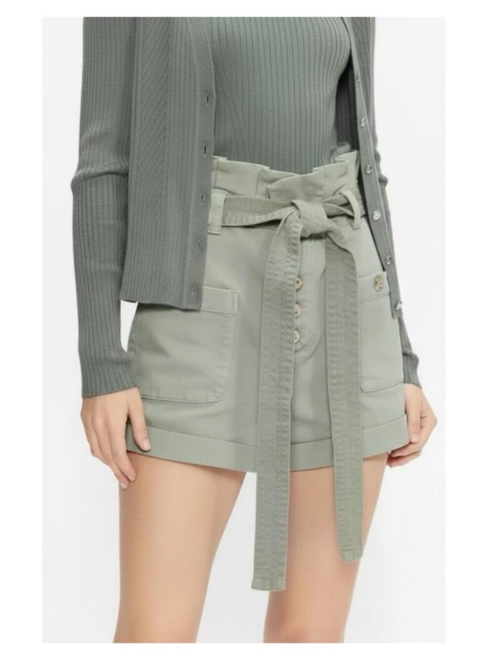 TED BAKER Deviika Paperbag High Rise Stretch Denim Short Size 26 Light Sage